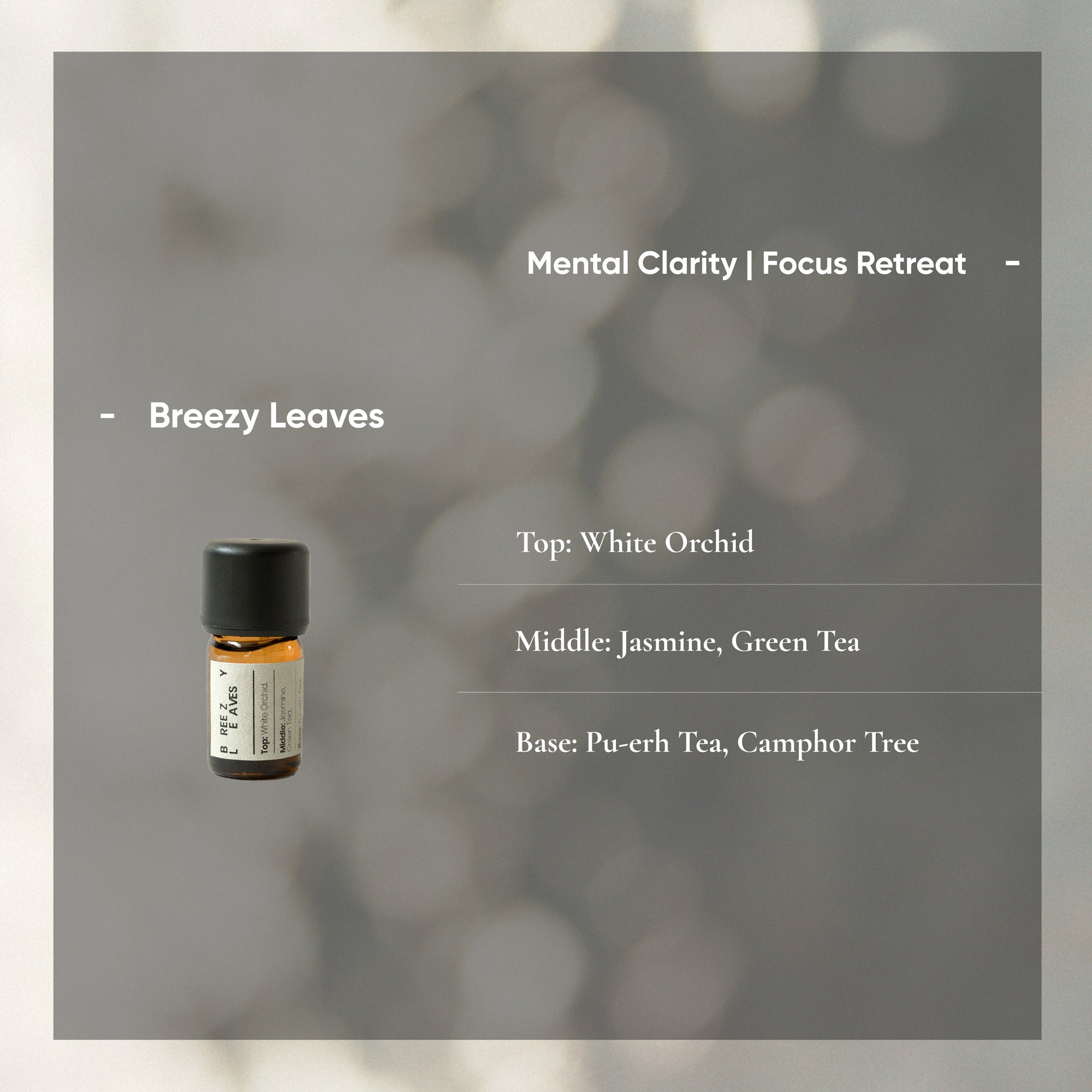 Essential oil bottle with flavor profile on a blurred background