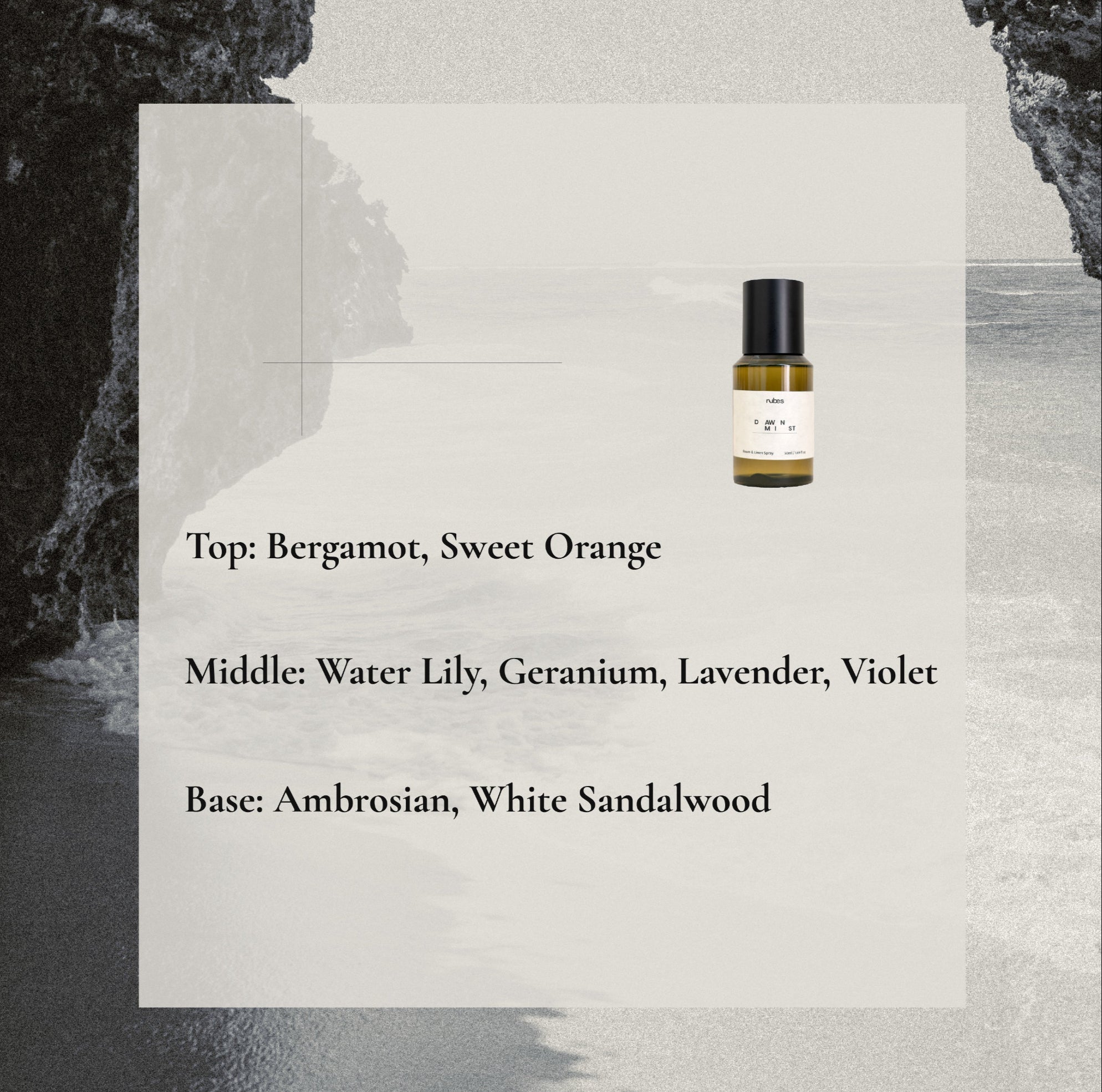 Spray bottle with fragrance notes on a textured background