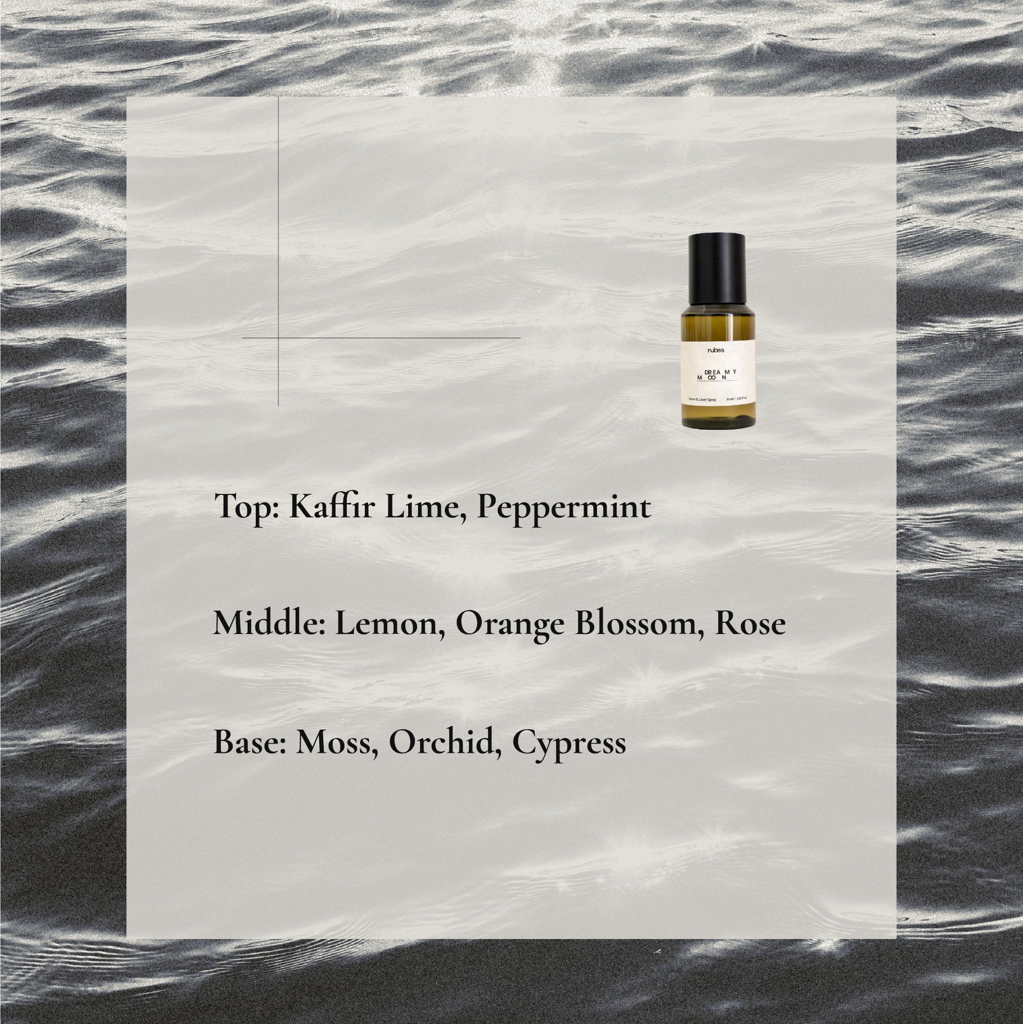 Spray bottle of perfume with a label on a gray marble background