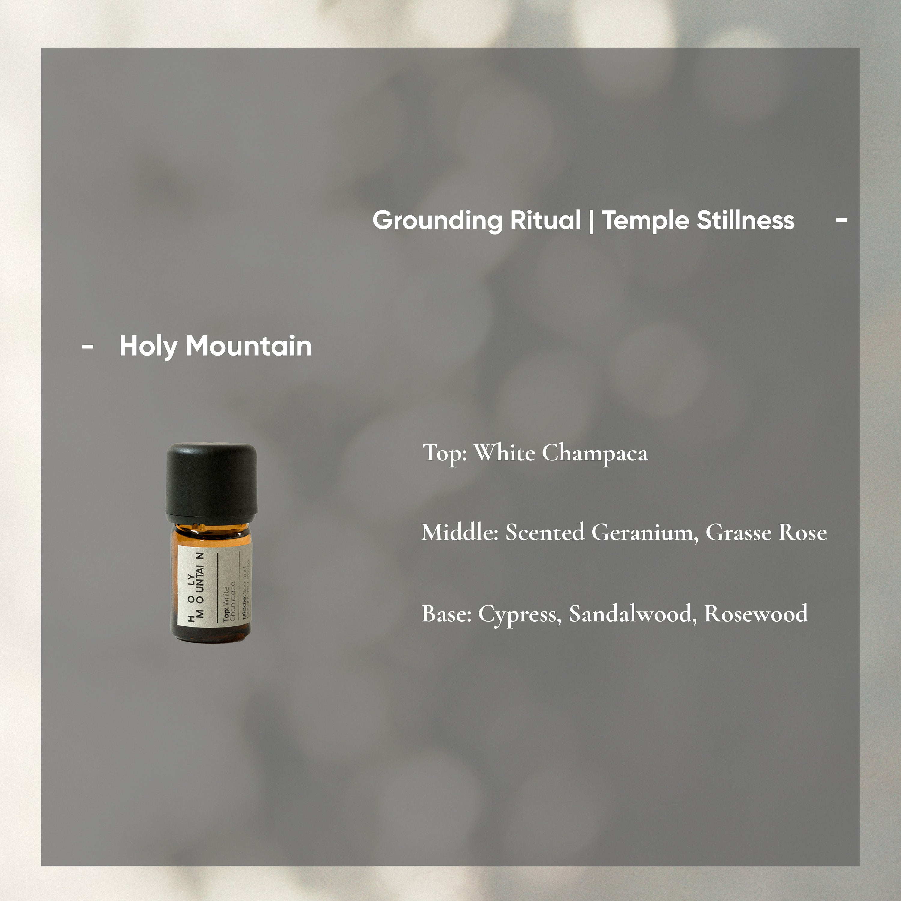 Small bottle of essential oil with descriptive text on a blurred background