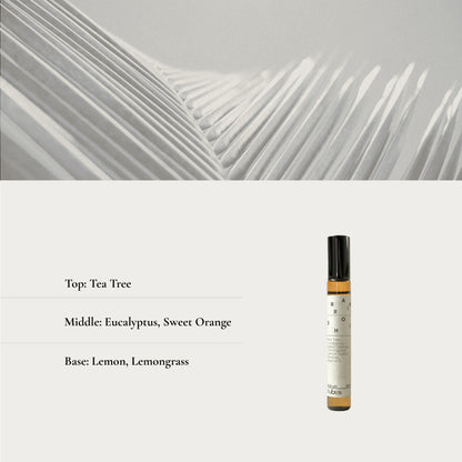 Roll on product with ingredient information on a gray background