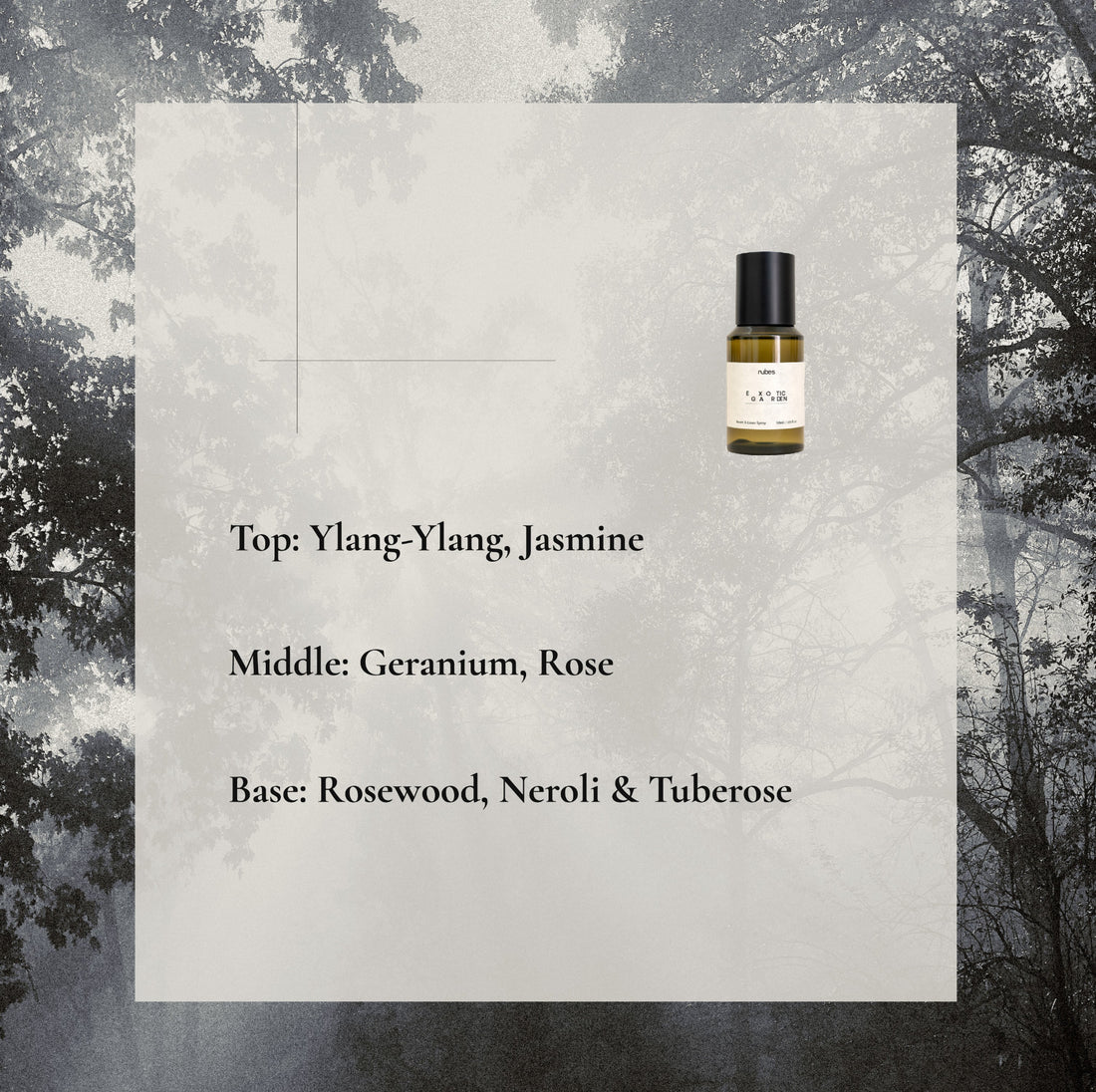 Spray bottle with fragrance notes on a nature-themed background