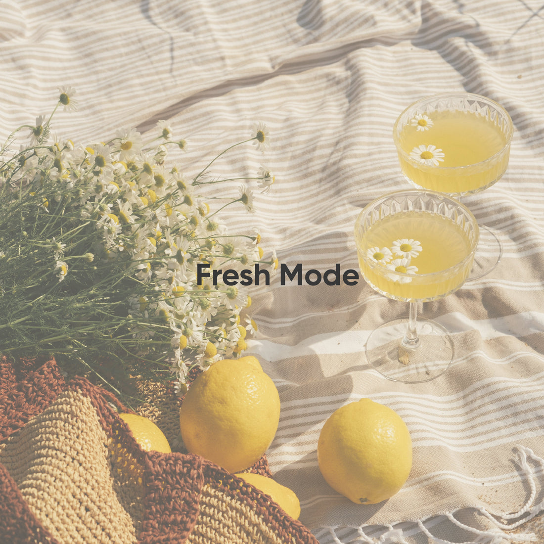 Two glasses of yellow liquid with lemon slices, lemons, and flowers on a textured fabric background with &