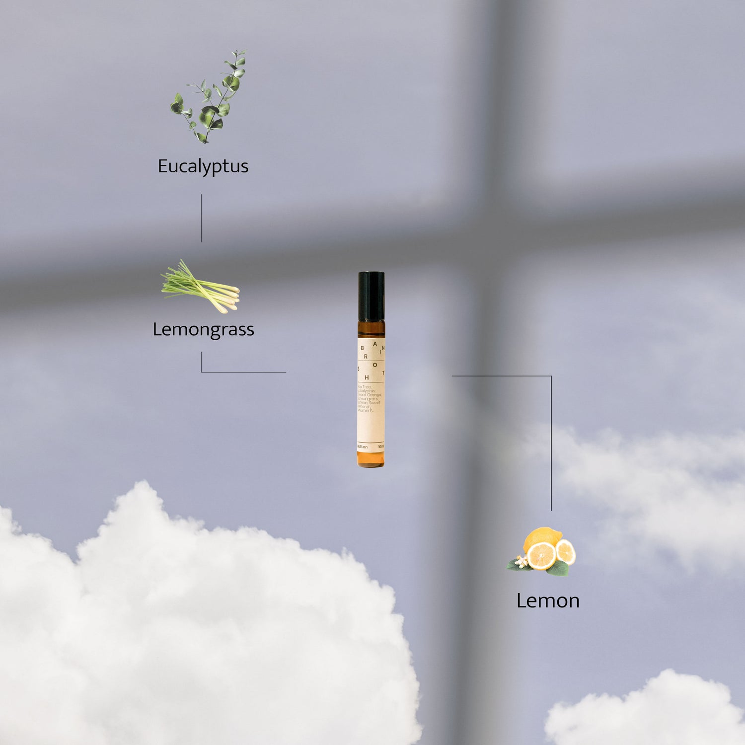 Brain Shot roller bottle displayed against a dreamy sky with clouds, highlighting its key ingredients: eucalyptus, lemongrass, and lemon.