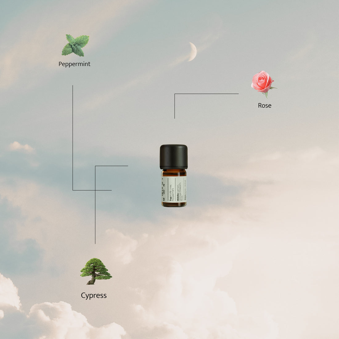 Dreamy Moon essential oil with peppermint, kaffir lime, cypress, and moss — floating in a dreamy cloud sky.