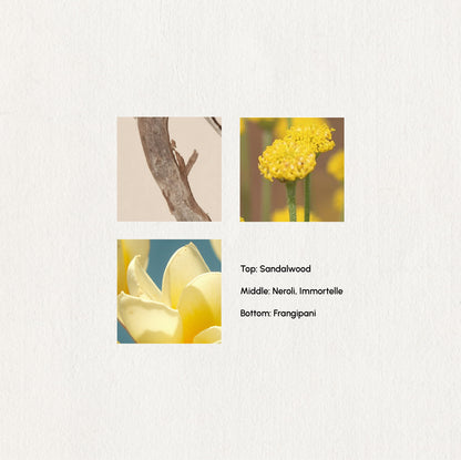 Four square images of sandalwood, neroli, immortelle, and frangipani with labels on a light gray background.
